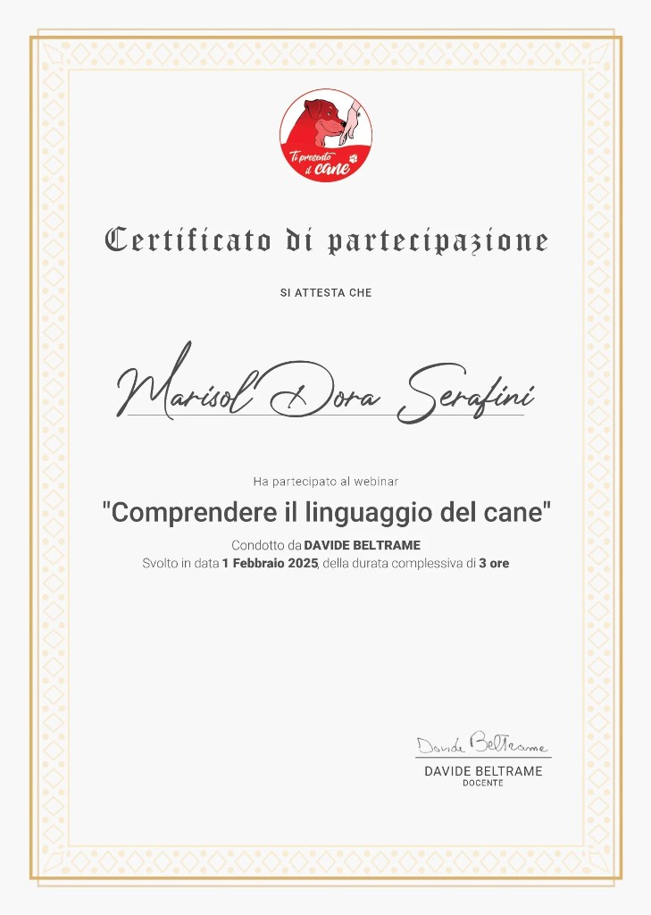 Attestato: Comprendere il linguaggio del cane — Davide Beltrame, 1 febbraio 2025, 3 ore